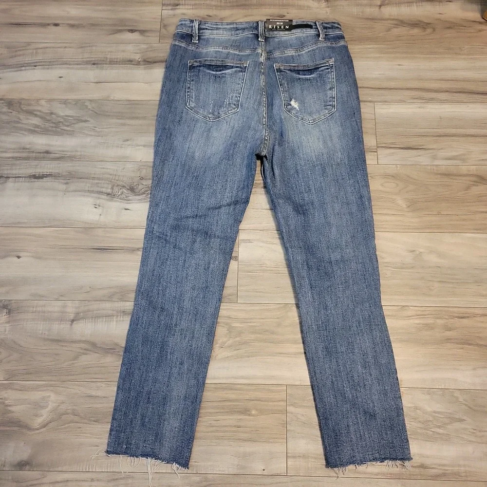 RISEN High Rise Jeans Womens 32/15 Blue Distressed Skinny Denim  Raw Hem  NEW